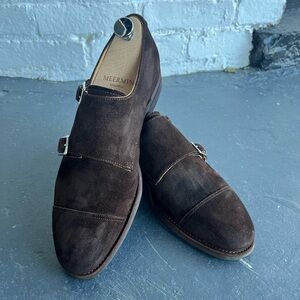 Meermin double monk strap, dark brown suede size US 8/UK 7.